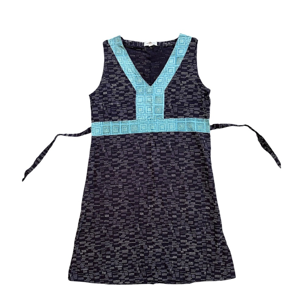 Mata Traders Cotton Shift Dress Womens XL Navy Blue Geometric Embroidered Boho